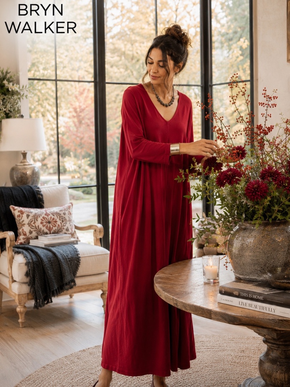 NWT,Bryn Walker Taylor Organic Bamboo Cotton Maxi Lounge Dress Rosehip US Size L